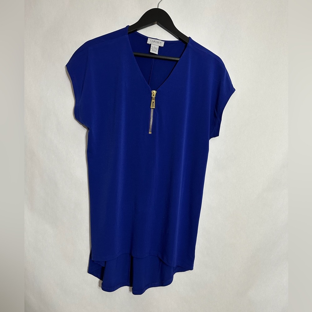 Carmen Marc Valvo Blue V-Neck Zip High Low Top Size Large Businesscore Office - Picture 5 of 6